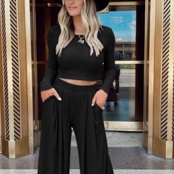 Black Knit Cropped Top & Wide Leg Pants - Picture 8 of 14